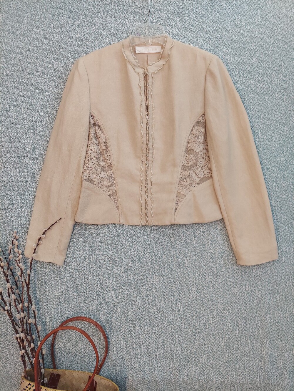 Vintage Valentino S.p.A. Lace-Inset Linen Blend Jacket (Made in Italy) - Picture 4 of 13